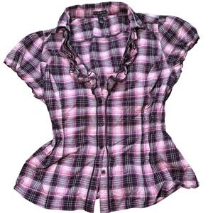 Y2K Fang Pink Black Plaid Ruffle Smocked Waist Button Up Top XL Peplum Blouse